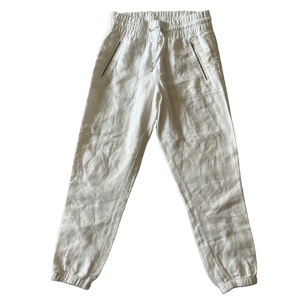 Athleta Cabo Linen Jogger Pants Womens Size 6 Lily White Elastic Waist Zip Pkt